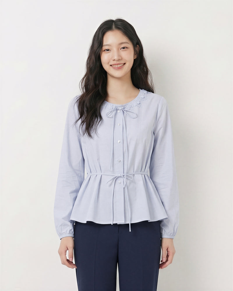 「秋季新品 」木耳邊綁帶收腰襯衫