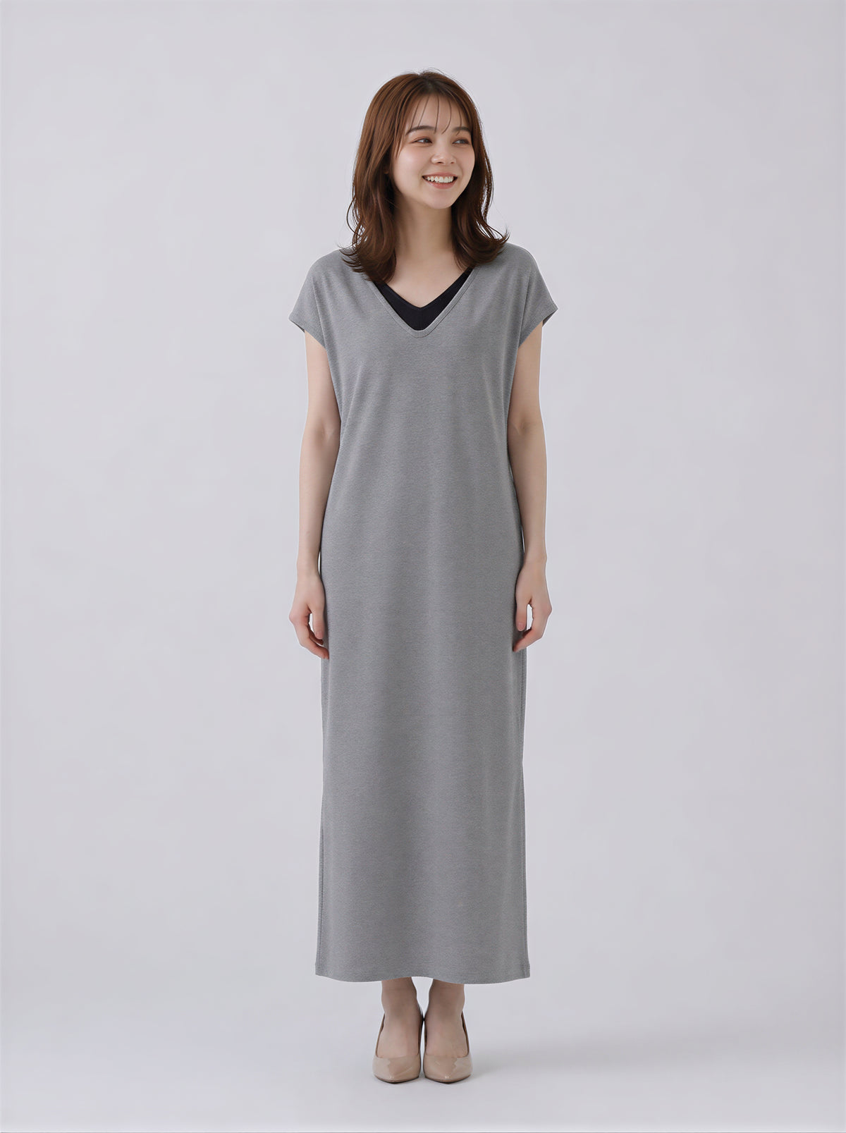 層疊V領直筒長版洋裝-灰色-2XL
