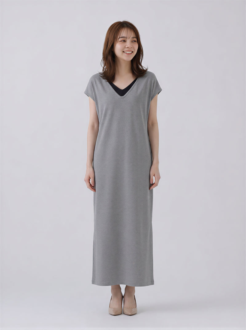 層疊V領直筒長版洋裝-灰色-2XL