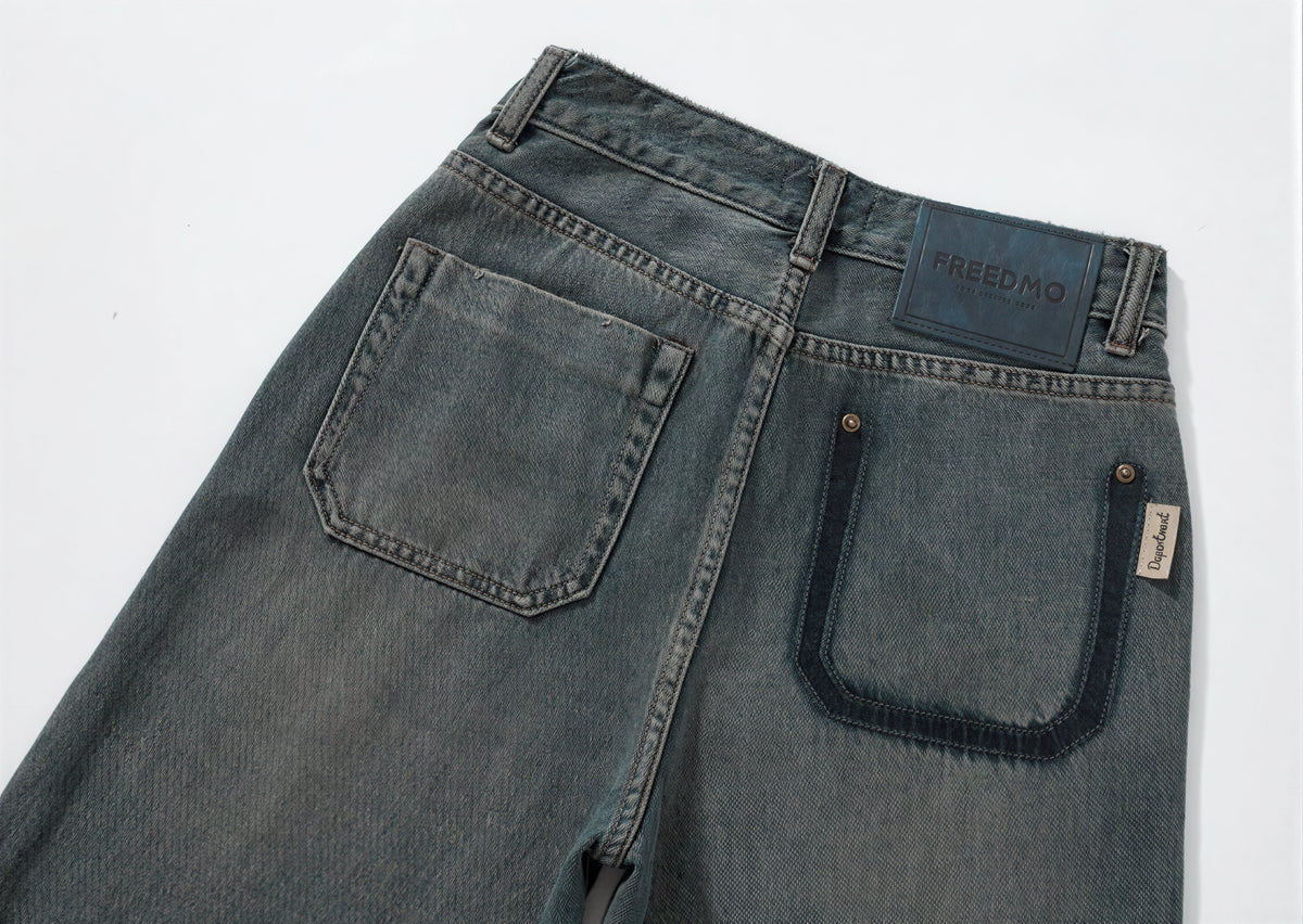 「兩色」「秋季新品 」 XS-2XL 高腰寬褲管刷舊牛仔褲