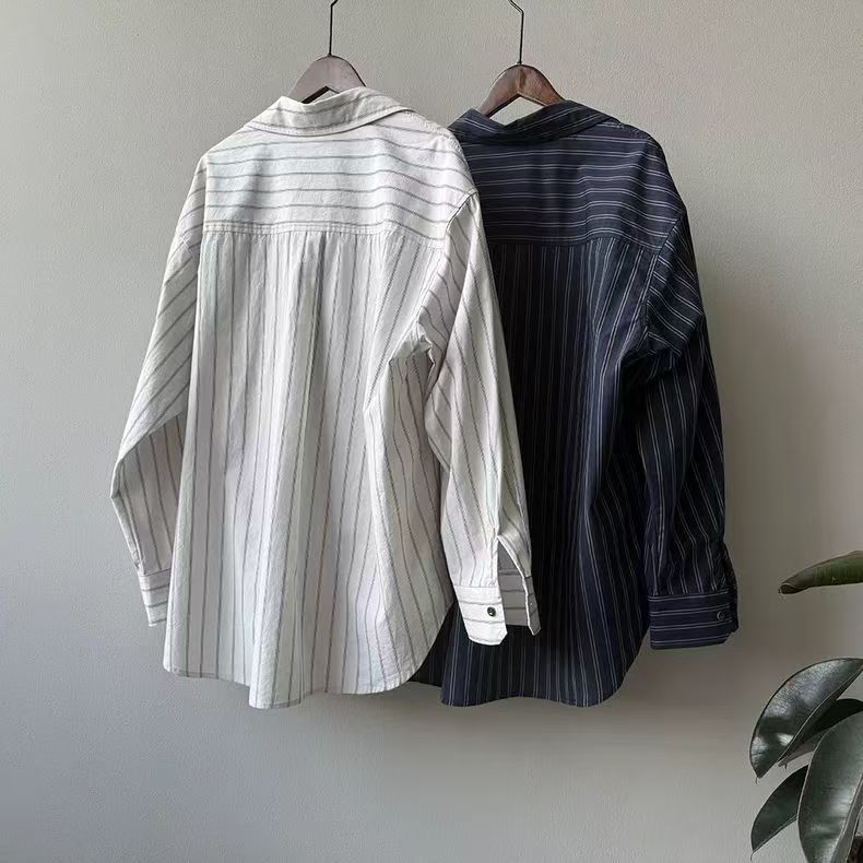 「兩色」「秋季新品 」S-XL 寬鬆條紋拼接口袋襯衫