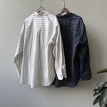 「兩色」「秋季新品 」S-XL 寬鬆條紋拼接口袋襯衫
