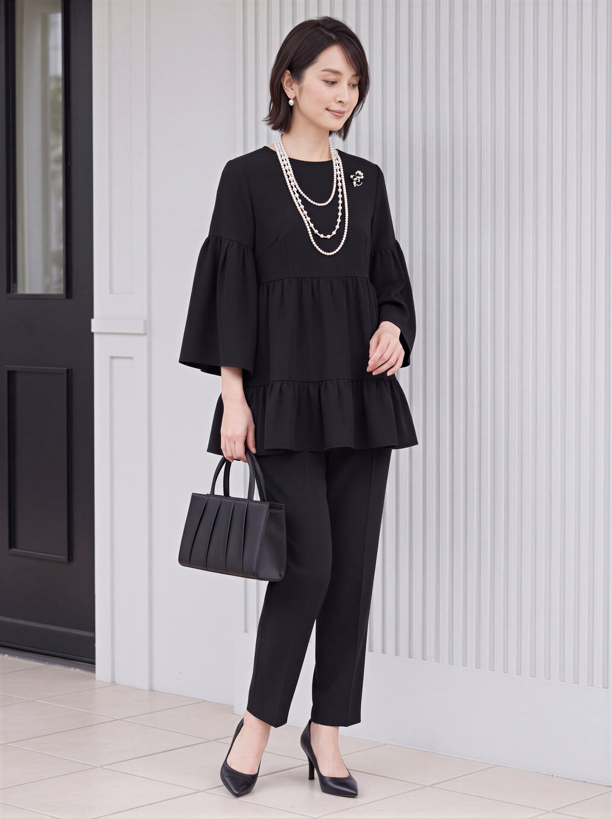 「秋季新品 」「兩色」S-2XL 品質兩件式 喇叭袖高腰剪接氣質 上衣+褲子