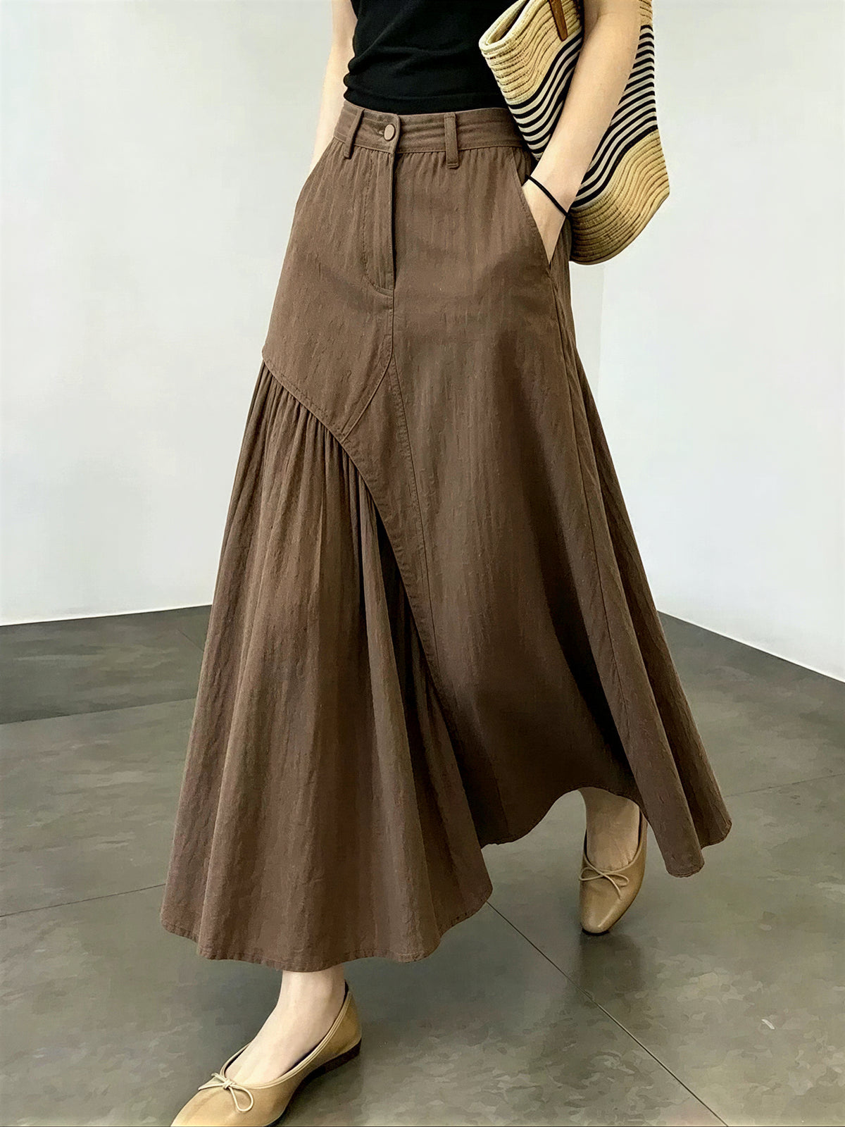 「秋季新品 」「兩色」S-XL  不規則拼接壓褶A字長裙