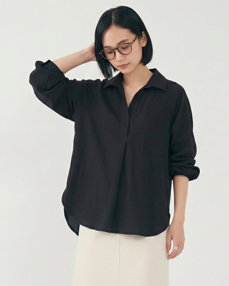 翻領V開襟燈籠袖襯衫-黑色-5XL