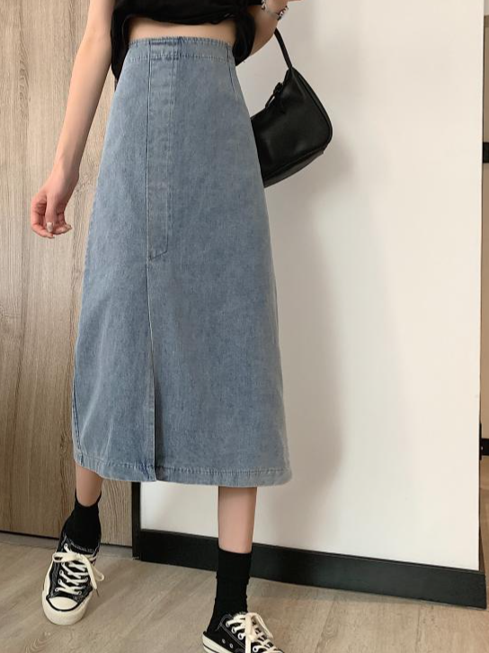 高腰開衩直筒牛仔半身裙