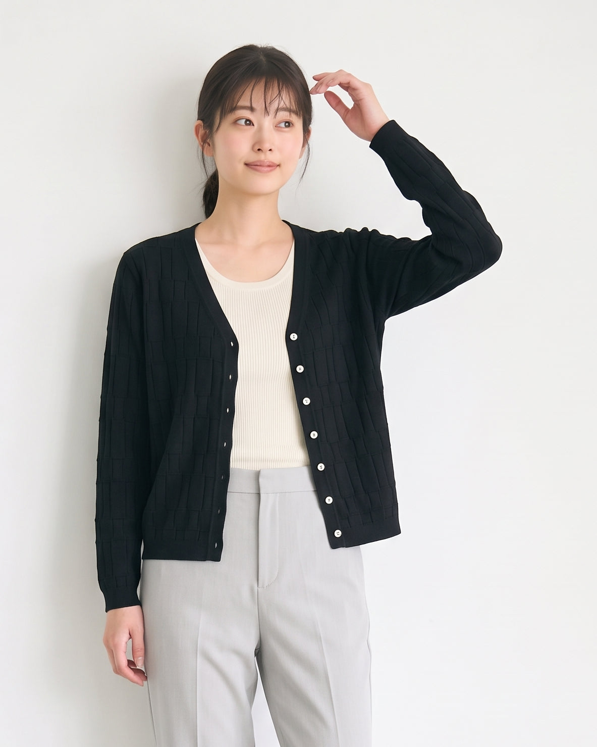 V領肌理修身針織開襟衫-黑色-2XL