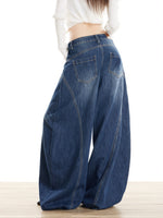 做舊水洗高腰寬管牛仔褲街頭感立體剪裁棉質