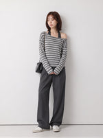 「兩色」S-XL 斜肩露膚條紋假兩件T恤
