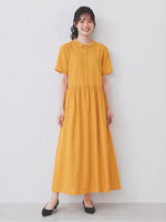M-2XL 「兩色」立領排扣高腰褶襉長版洋裝