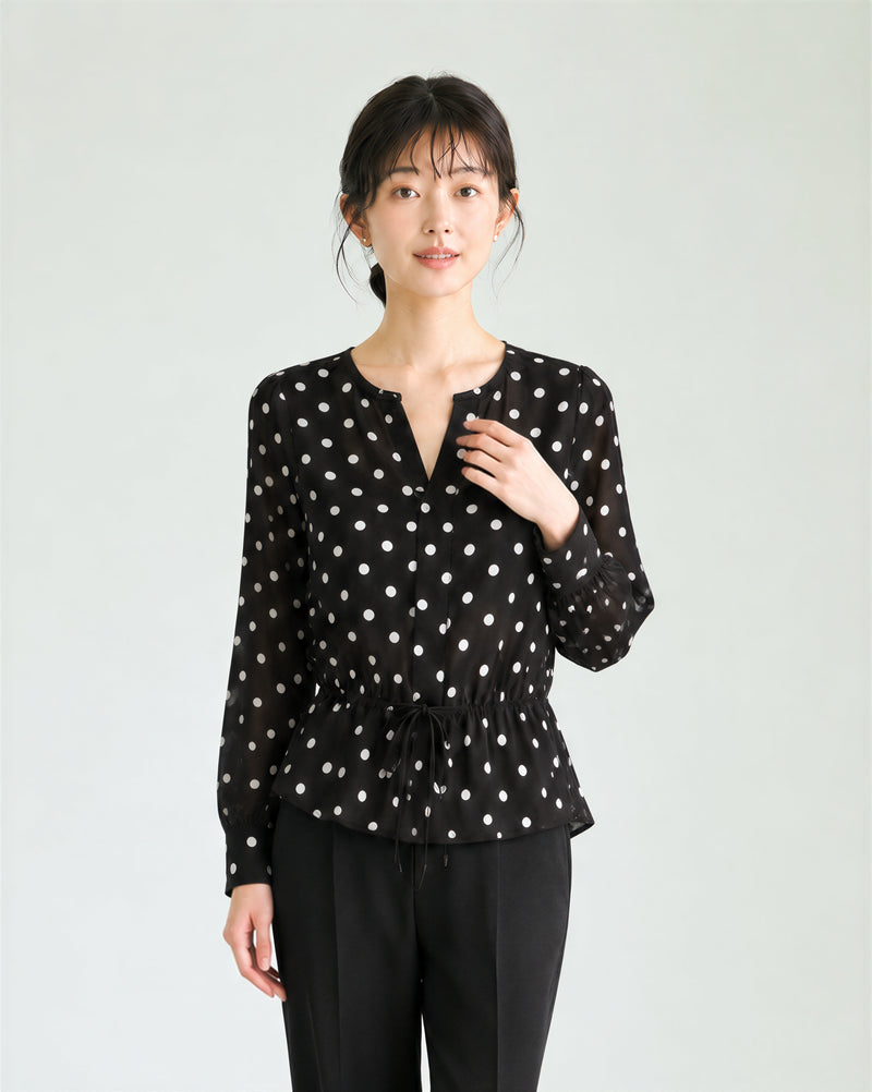 L-4XL 黑底白點收腰襯衫