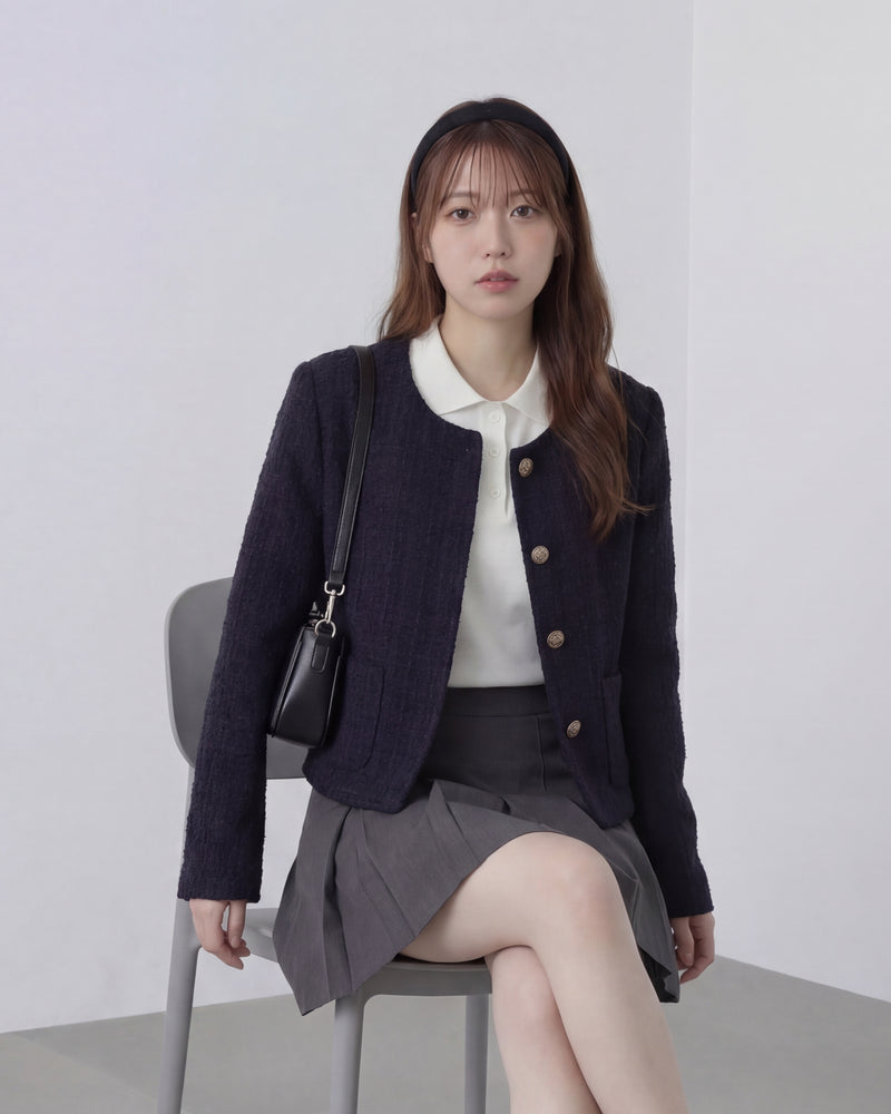 圓領粗花呢金屬扣短外套