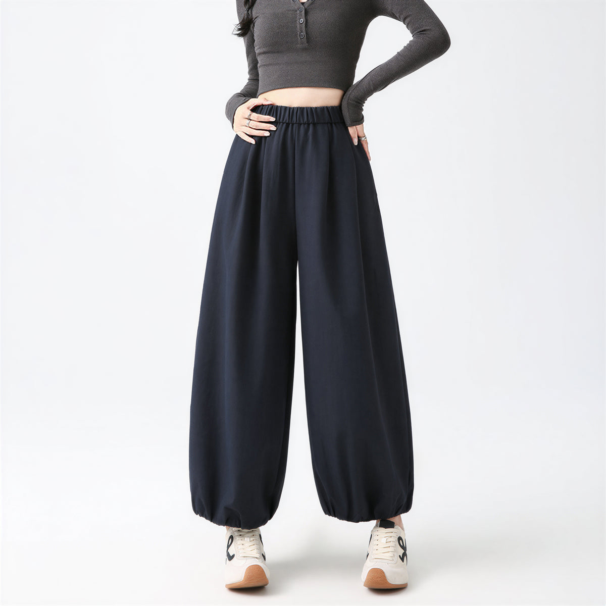 「3色」S-XL 鬆緊腰束口寬褲
