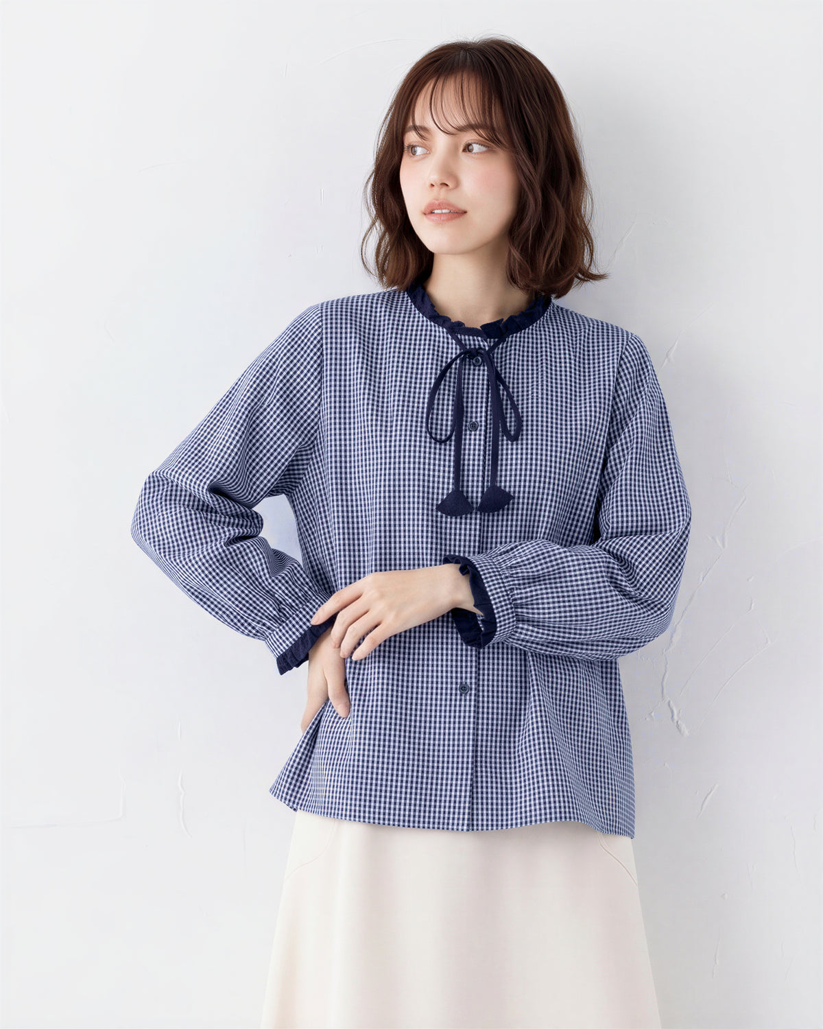 「秋季新品 」S-2XL 木耳邊綁帶格紋襯衫