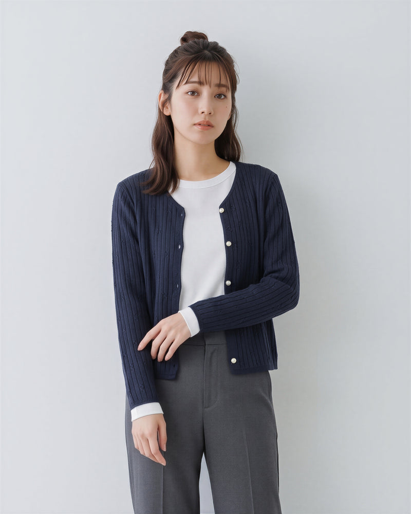「秋季新品 」坑條立體紋針織開襟衫