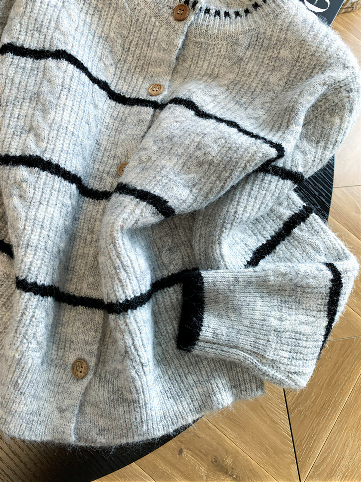 S~XL 灰色圓領條紋針織開襟衫