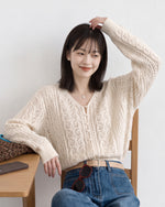 「秋季新品 」鏤空麻花V領針織開襟衫外搭