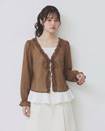 「秋季新品 」「兩色」S-XL 木耳邊綁帶假兩件襯衫