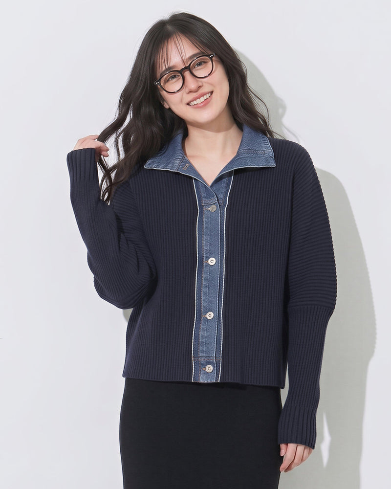 「秋季新品 」 S-2XL 牛仔拼接立領假兩件針織外套
