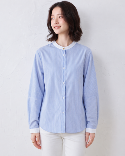 「秋季新品 」 M-2XL 立領條紋燈籠袖襯衫