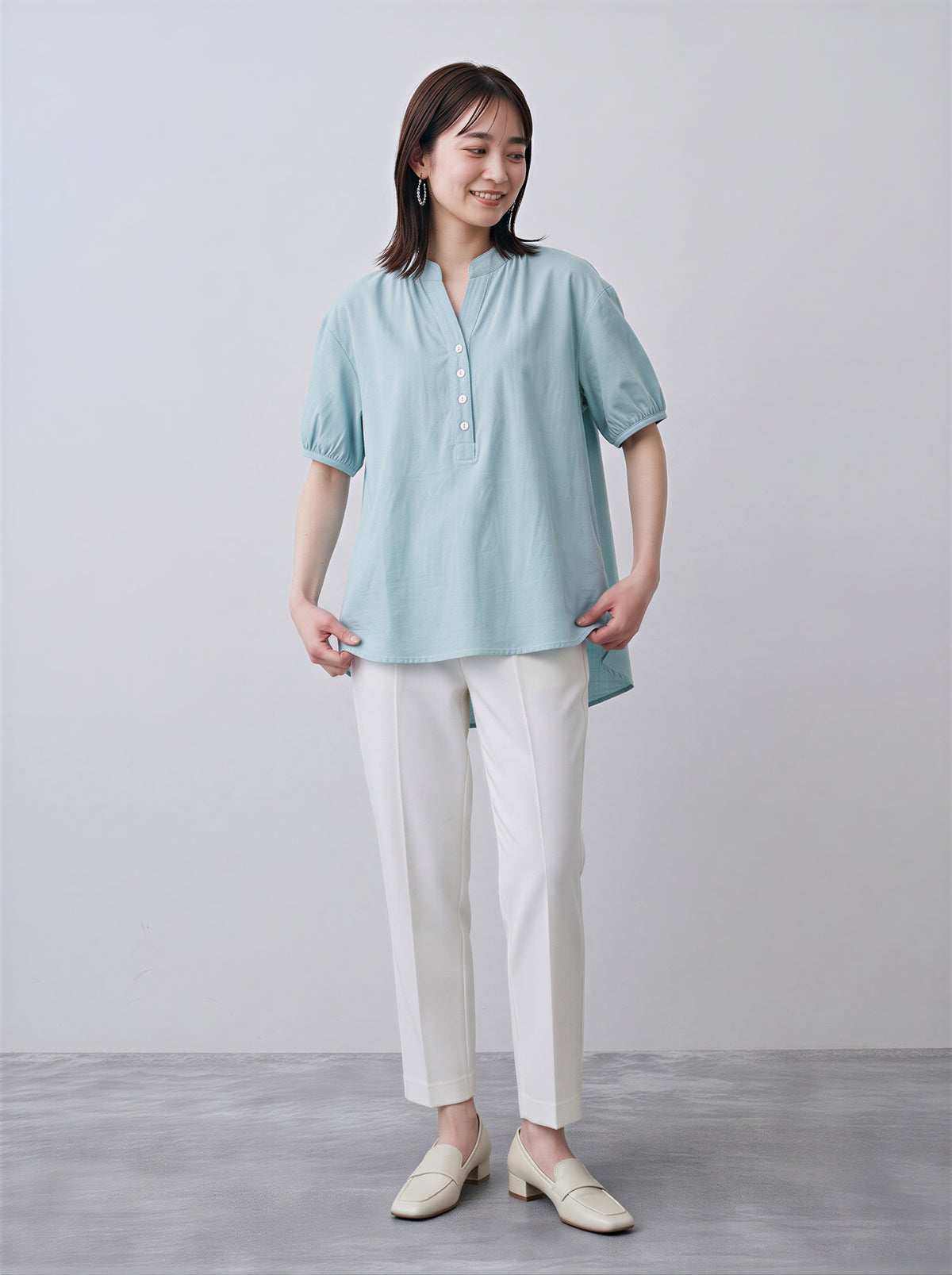 M~2XL 立領半開襟泡泡袖短袖襯衫
