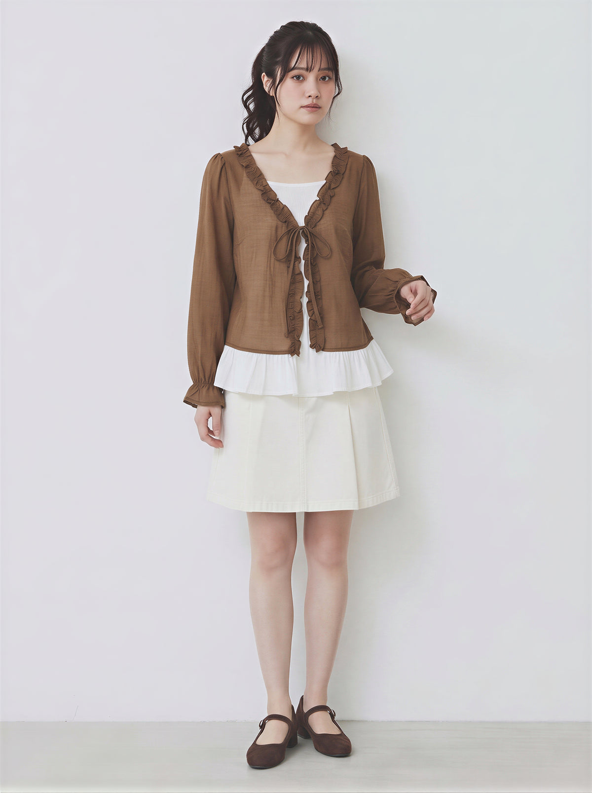 「秋季新品 」「兩色」S-XL 木耳邊綁帶假兩件襯衫