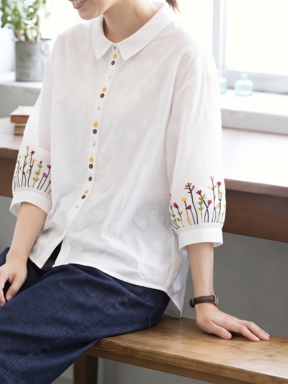 「3色」「秋季新品 」M-2XL 品質刺繡 全棉甄選 柔軟舒適 寬鬆小方領長袖襯衫