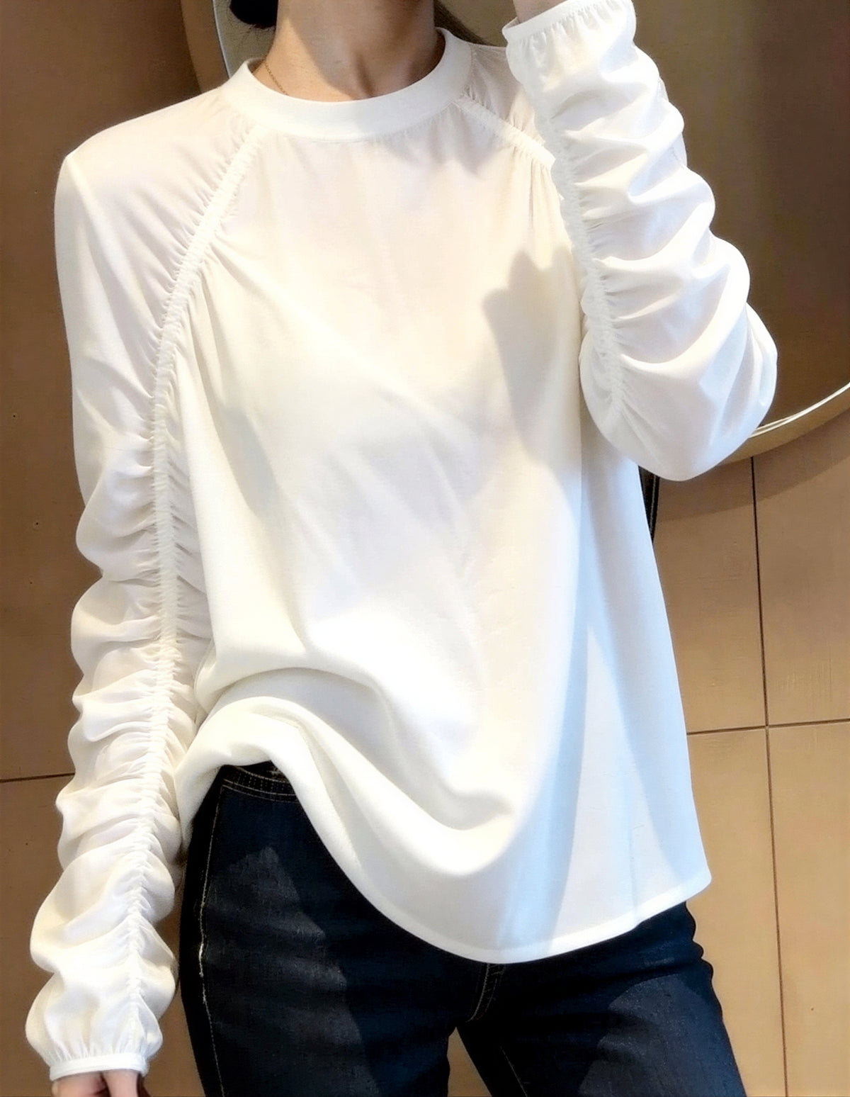 「秋季新品 」「兩色」S-XL 抽皺拼線寬鬆長袖T恤