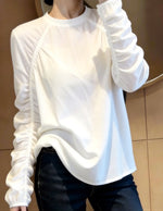 「秋季新品 」「兩色」S-XL 抽皺拼線寬鬆長袖T恤