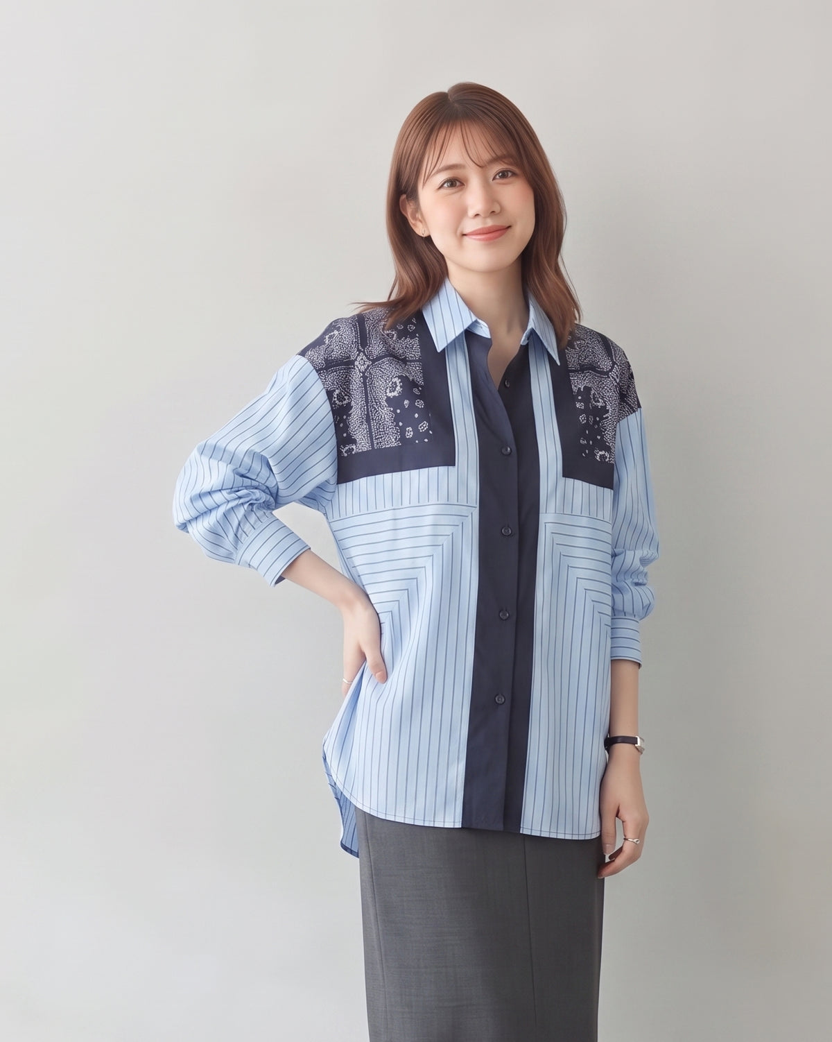 「秋季新品 」L~4XL 拼接條紋印花襯衫