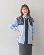 「秋季新品 」L~4XL 拼接條紋印花襯衫