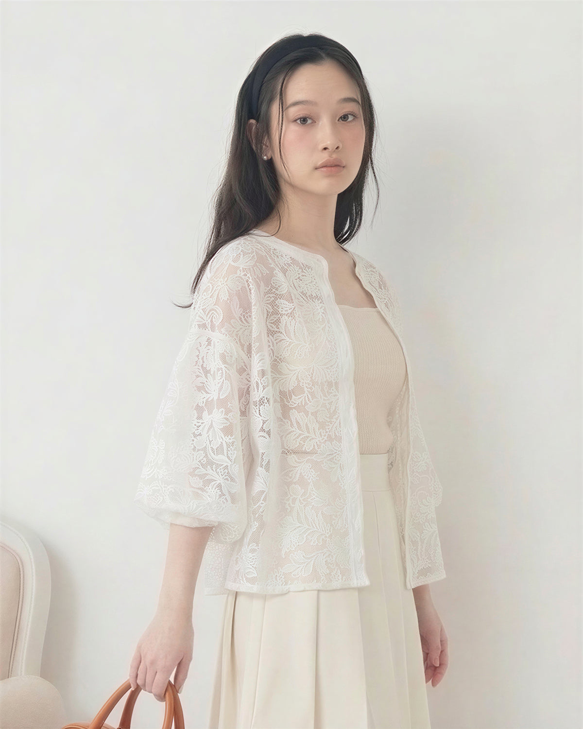 立體蕾絲 透膚燈籠袖 開襟針織外套