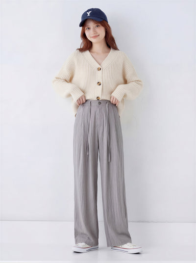 高腰抽繩鬆緊腰闊腿褲