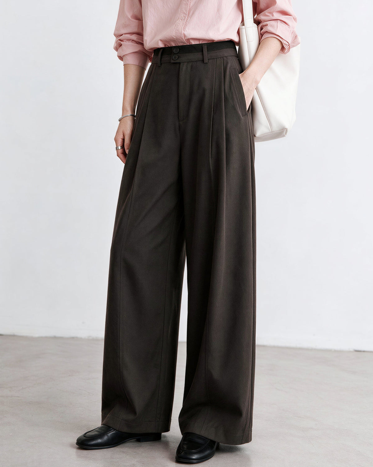「兩色」「秋季新品 」 M-2XL 高腰修飾胯寬雙扣寬褲