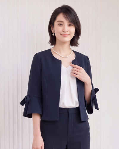 圓領荷葉袖綁帶西裝外套-藏青色-2XL