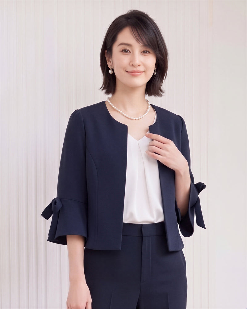 圓領荷葉袖綁帶西裝外套-藏青色-2XL