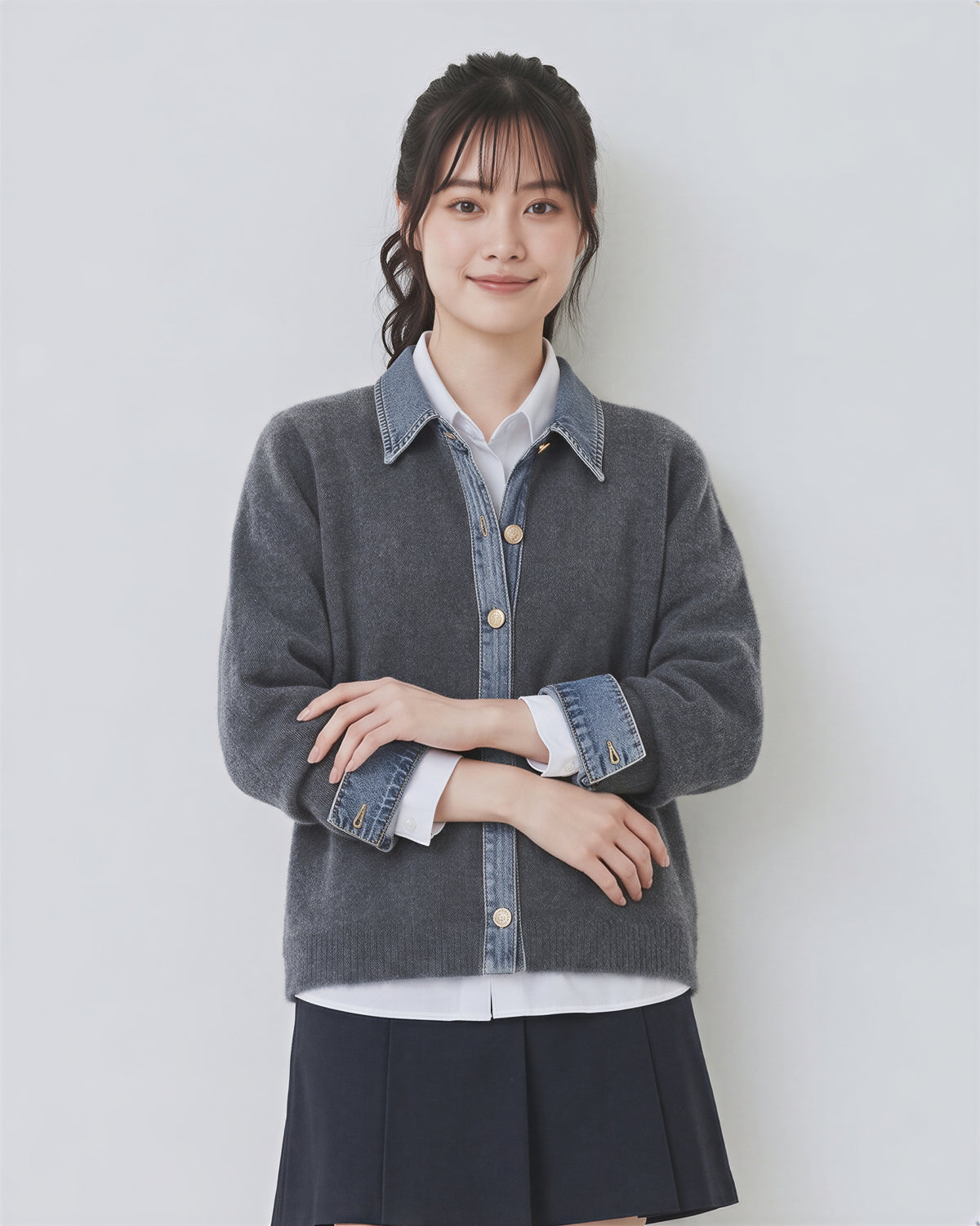 「3色」「秋季新品 」M-XL 拼接翻領短版針織開襟衫