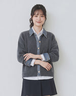 「3色」「秋季新品 」M-XL 拼接翻領短版針織開襟衫