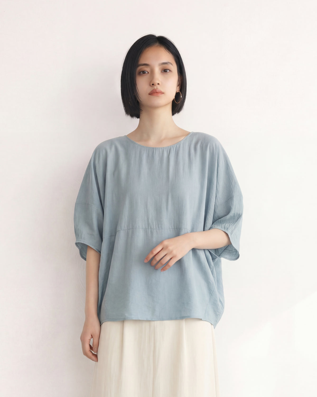 落肩蝙蝠袖寬鬆襯衫-淺藍色-2XL