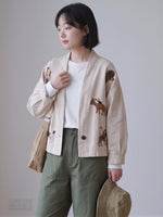 「兩色」「秋季新品 」M-3XL 寬鬆落肩印花短外套