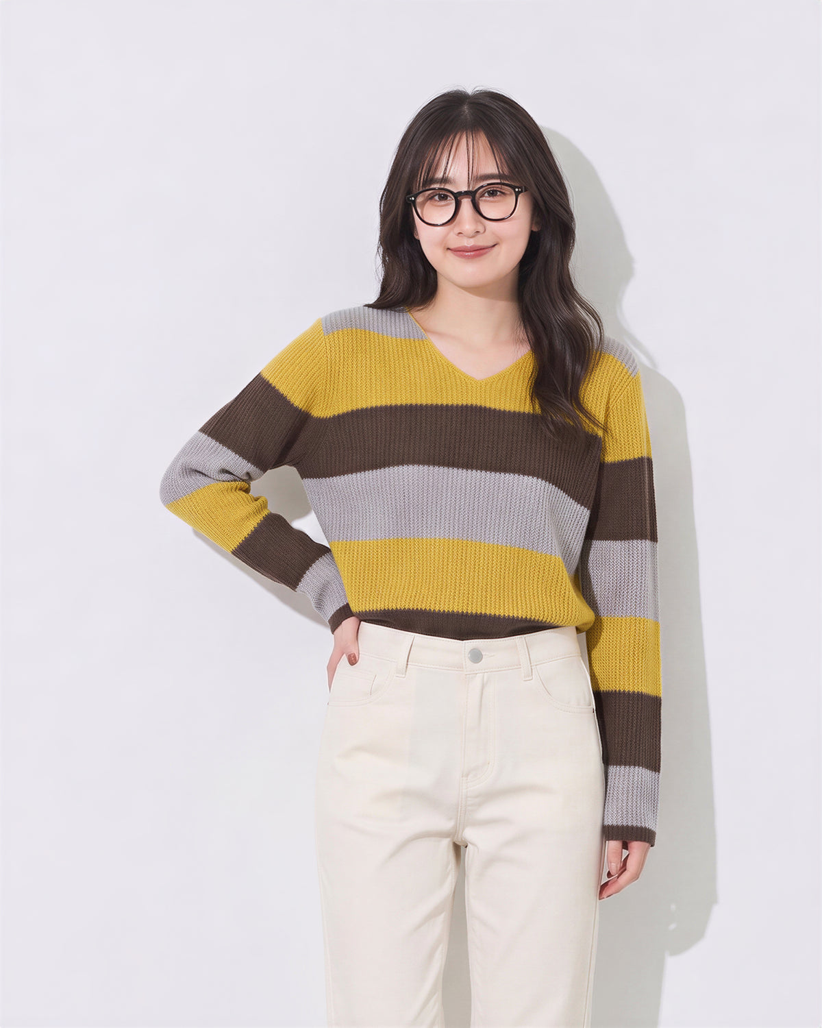 「秋季新品 」「兩色」寬條紋V領寬鬆針織衫