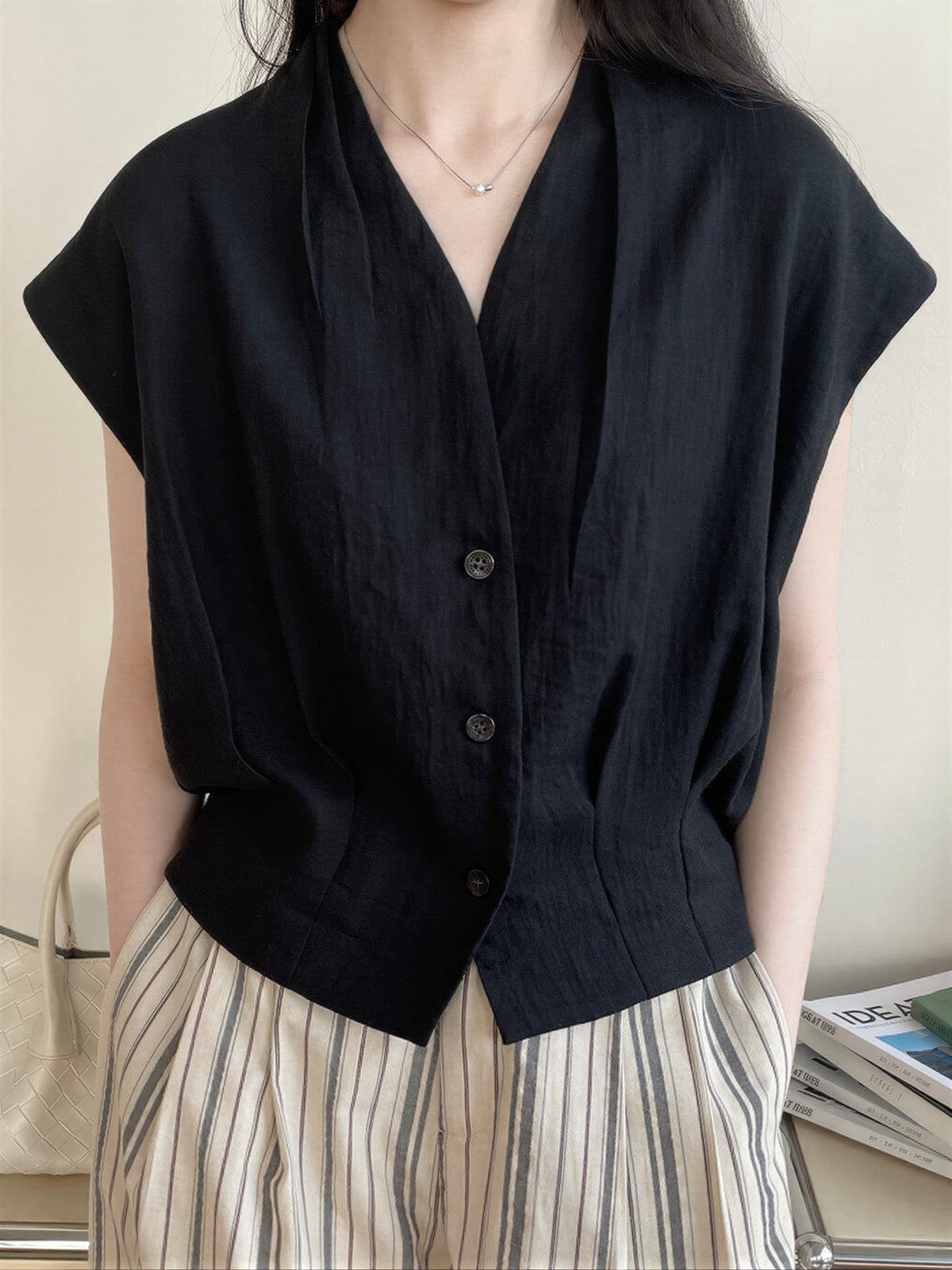 V領收腰廓形無袖襯衫-黑色-2XL