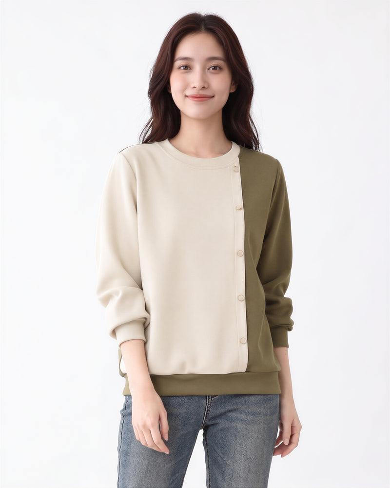 拼色圓領寬鬆衛衣-米白色-3XL