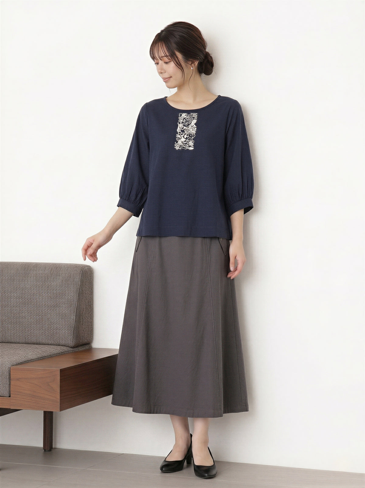 刺繡拼接燈籠袖T恤