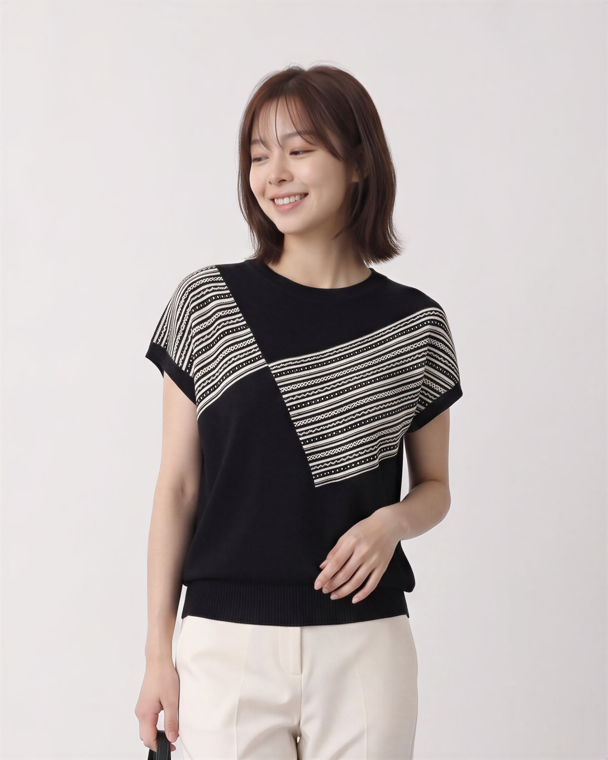 斜向拼接幾何條紋落肩短袖T恤-黑色-3XL
