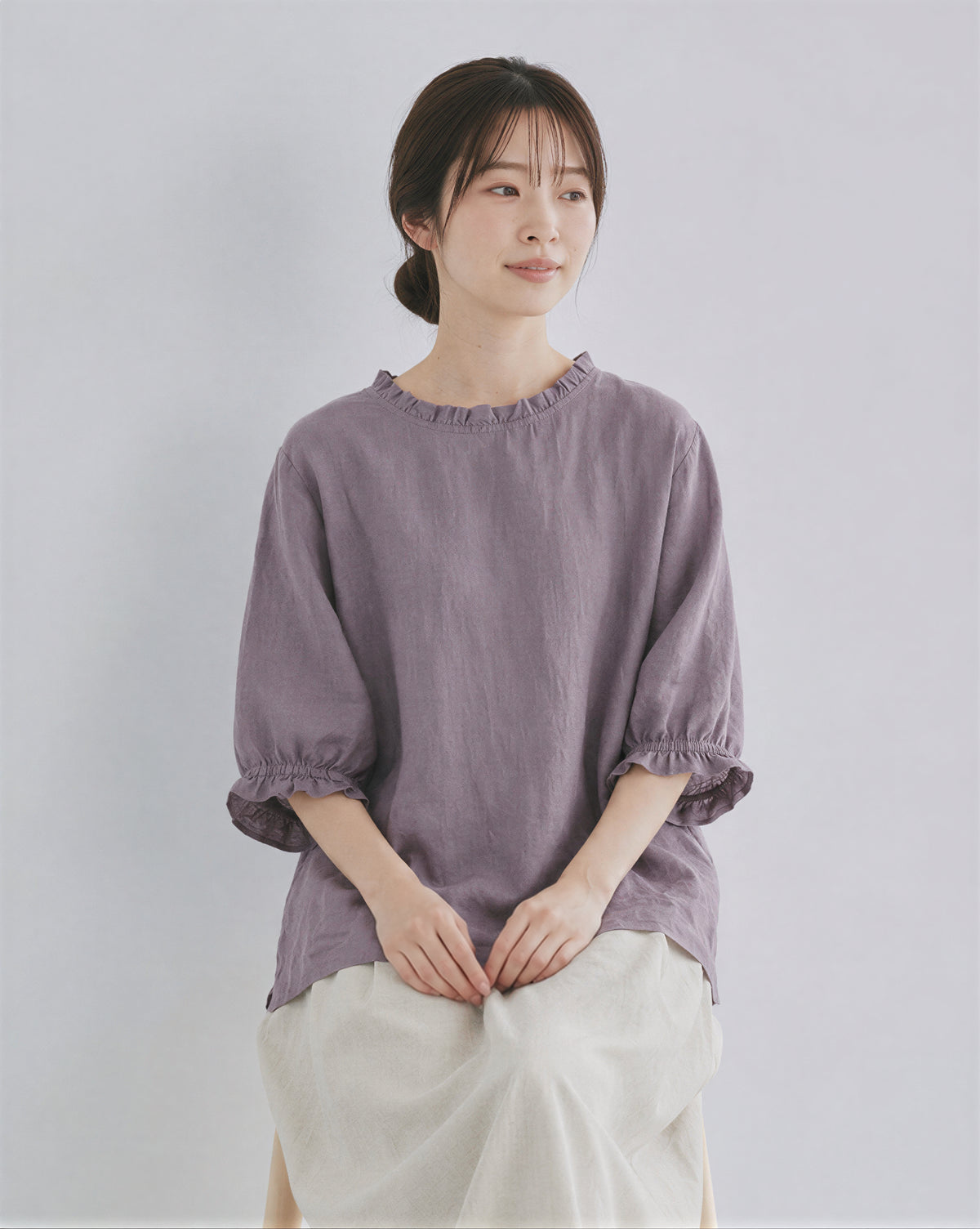 木耳邊圓領寬鬆T恤-紫色-3XL