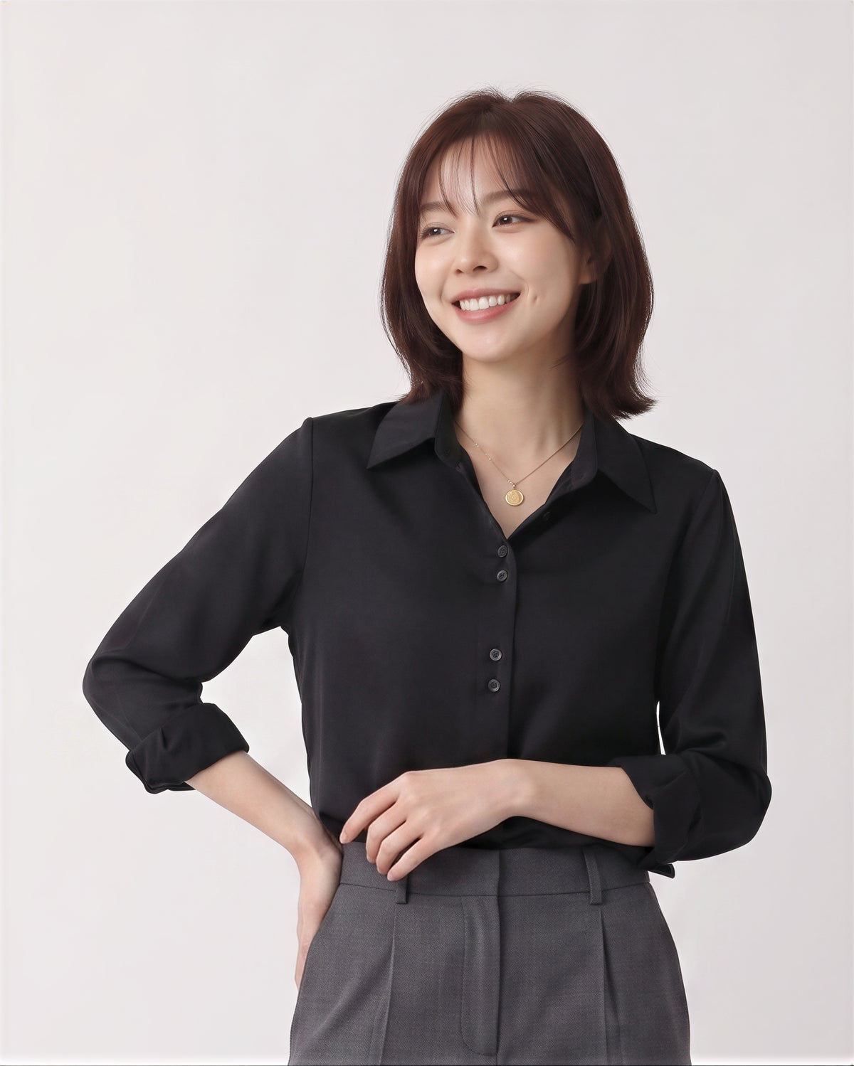 S-2XL 黑色翻領排扣修身襯衫