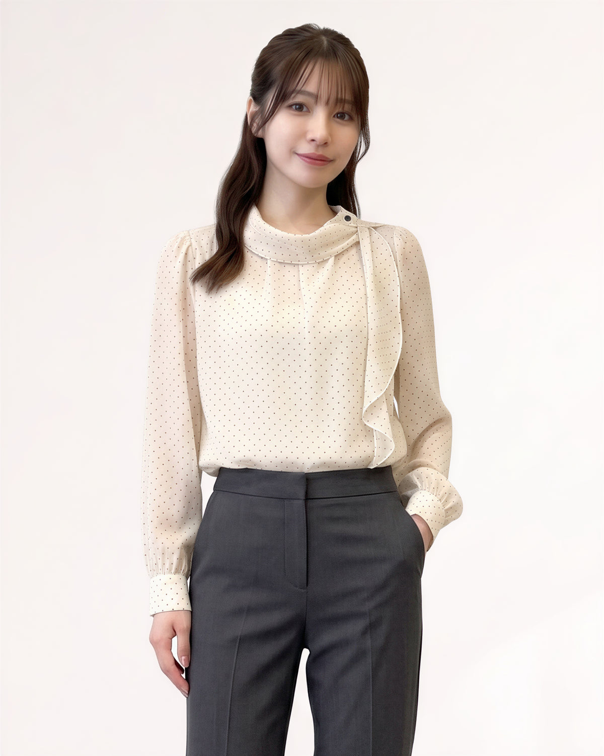 S-XL 米色波點木耳邊立領長袖襯衫