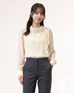 S-XL 米色波點木耳邊立領長袖襯衫