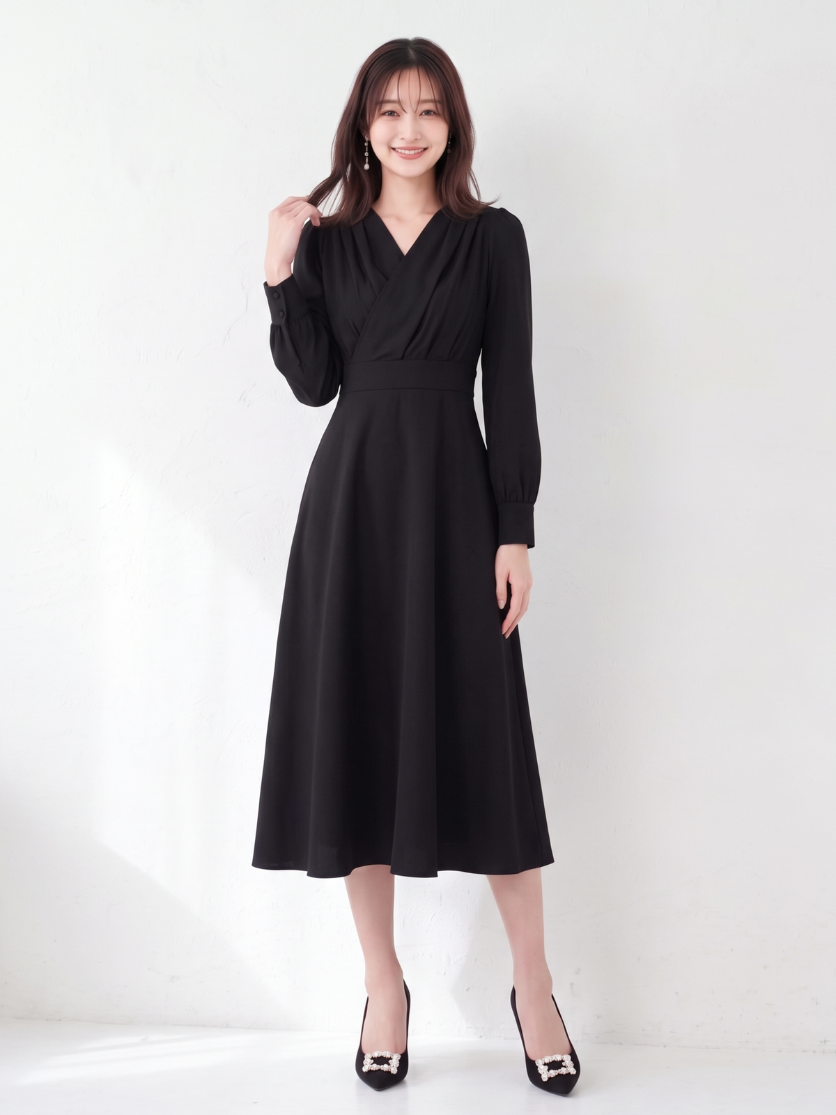 「3色」「秋季新品 」S-XL V領褶襉高腰長袖洋裝